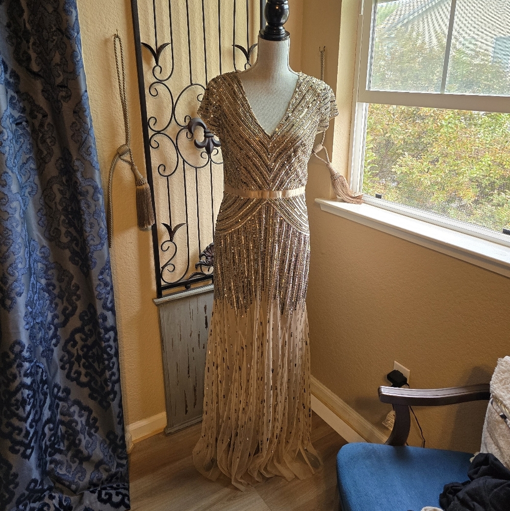 Adrianna Papell Champagne Beaded Gown